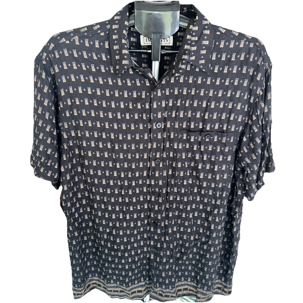 Vintage Imprints Men's Large Rayon Button Up Shirt Black All Over Design
